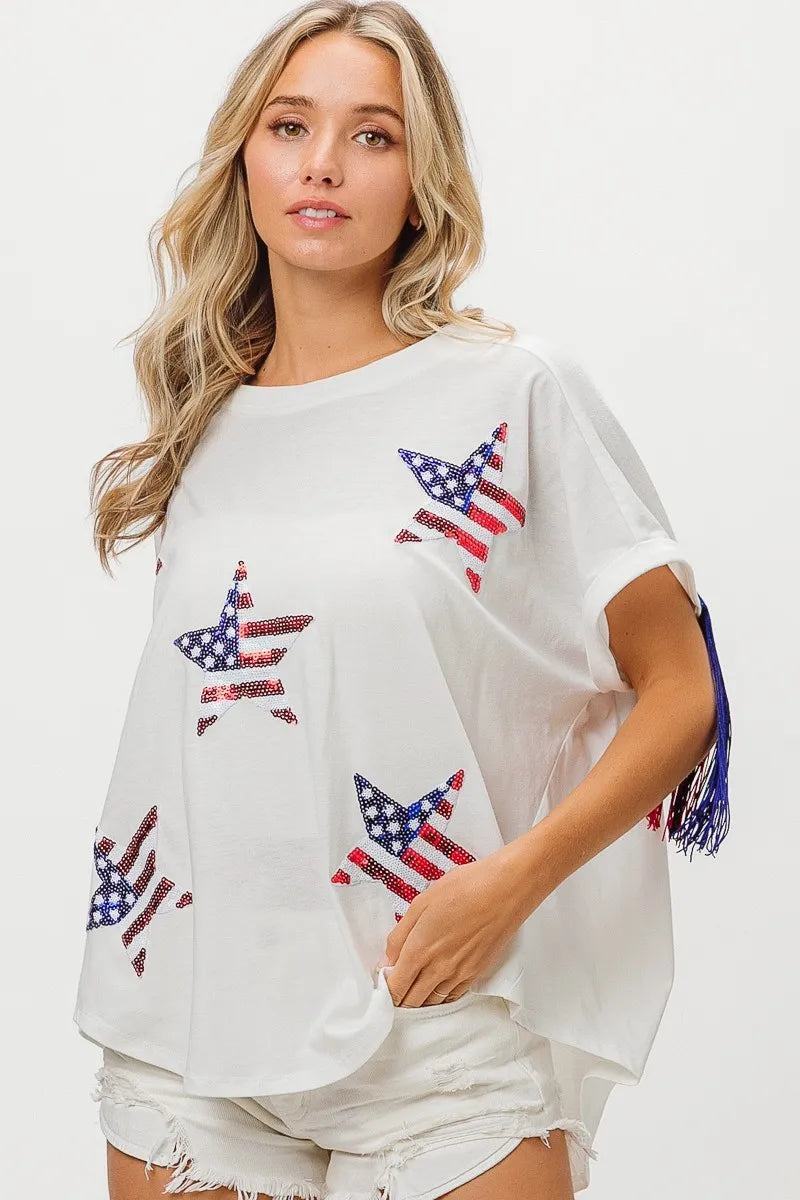 BiBi American Flag Sequin Star Fringe Top | Tops Daverri Fashions