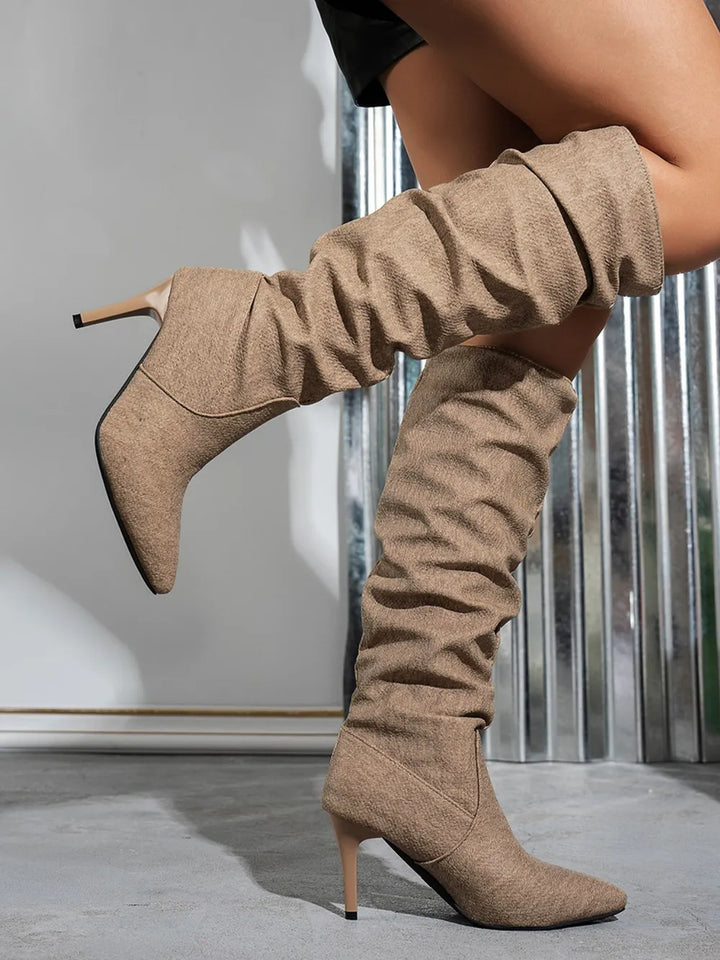 Camel Point Toe Denim Stiletto Boots | Boots Daverri Fashions