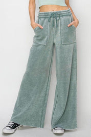 High Rise Wide Leg Drawstring Pants GRAY GREEN Lounge Pants