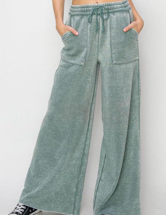 High Rise Wide Leg Drawstring Pants GRAY GREEN Lounge Pants