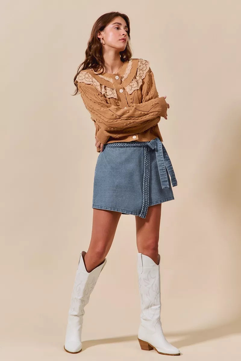 SO ME Wrap Braided Trimmed Denim Skort | Skorts Daverri Fashions