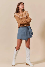 SO ME Wrap Braided Trimmed Denim Skort | Skorts Daverri Fashions