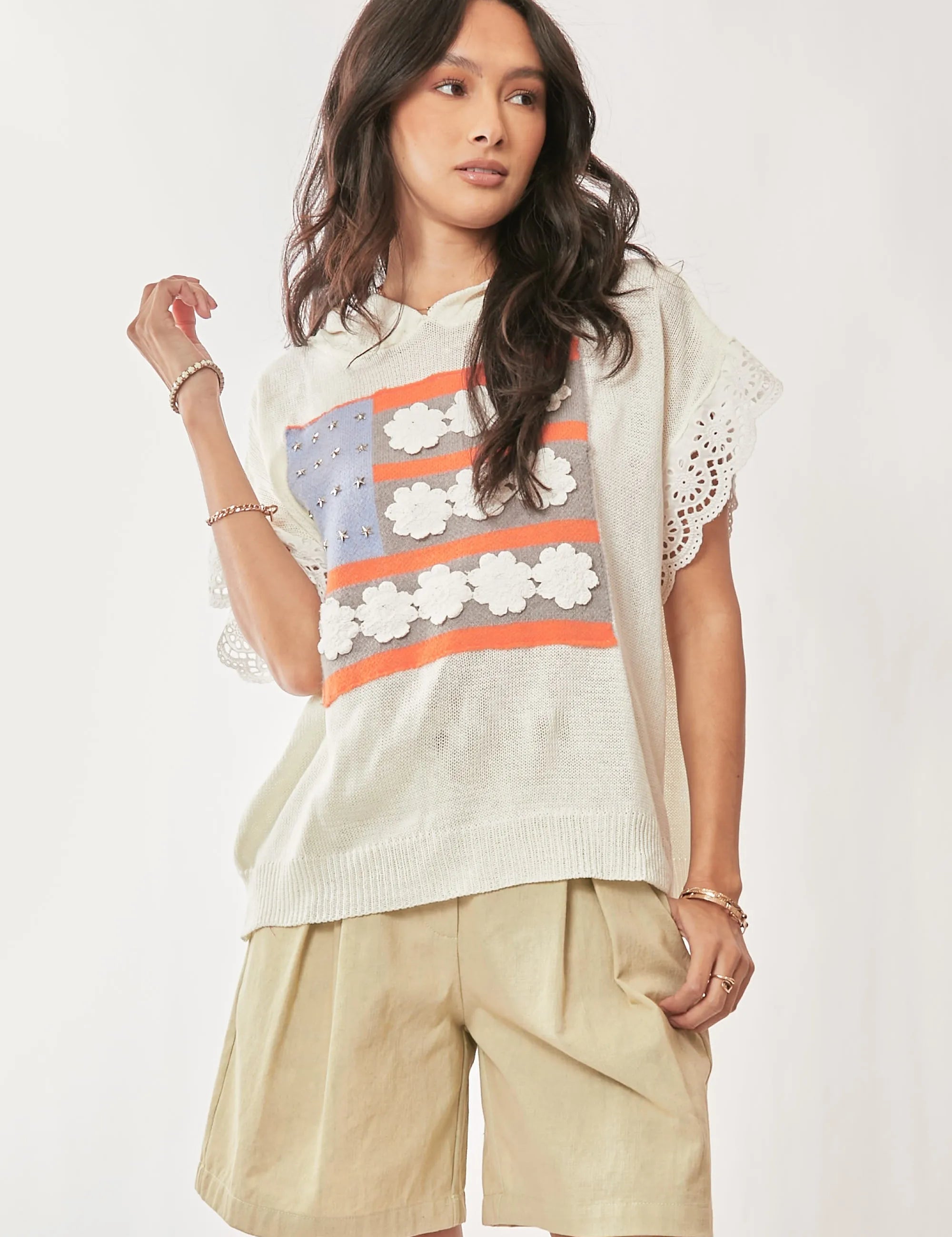 Davi & Dani American Flag Loose Fit Lace Sleeve Hoodie Top | Tops Daverri Fashions