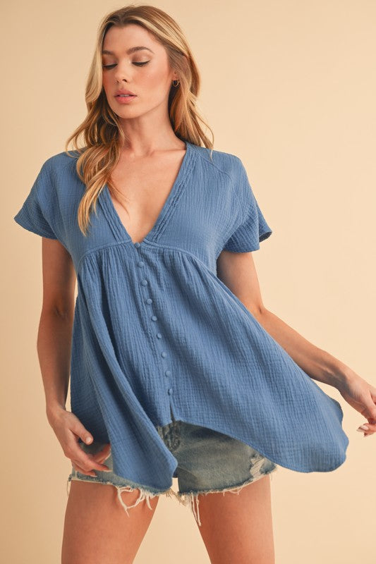 Aemi + Co Tuck Detail V-Neck Short Sleeve Blouse Blouses