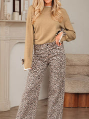 Tan Leopard Bow Decor Split Cuff Contrast Trim Sweater | Sweaters Daverri Fashions