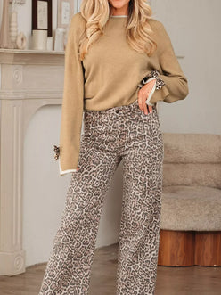 Leopard Bow Decor Split Cuff Contrast Trim Sweater - DAVERRI FASHIONS