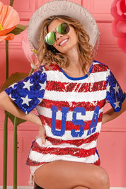 BiBi American Flag Theme USA Lettering Sequin Top | Tops Daverri Fashions