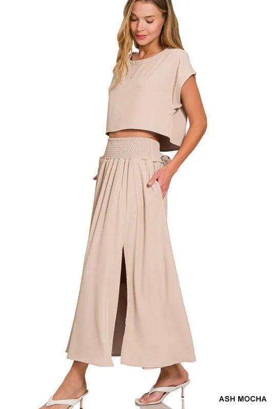 Zenana Heavy Woven Span Crop Tee & Skirt Set Outfit Sets
