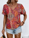 Vibrant red and orange bohemian paisley print v-neck short sleeve t-shirt