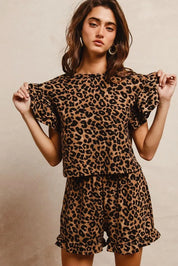 BiBi Leopard Print Waffle Texture Ruffle Sleeve Top and Shorts Set in Brown