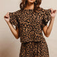 BiBi Leopard Print Waffle Texture Ruffle Sleeve Top and Shorts Set in Brown