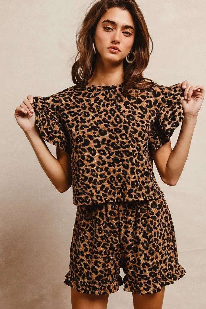 BiBi Leopard Print Waffle Texture Ruffle Sleeve Top and Shorts Set in Brown