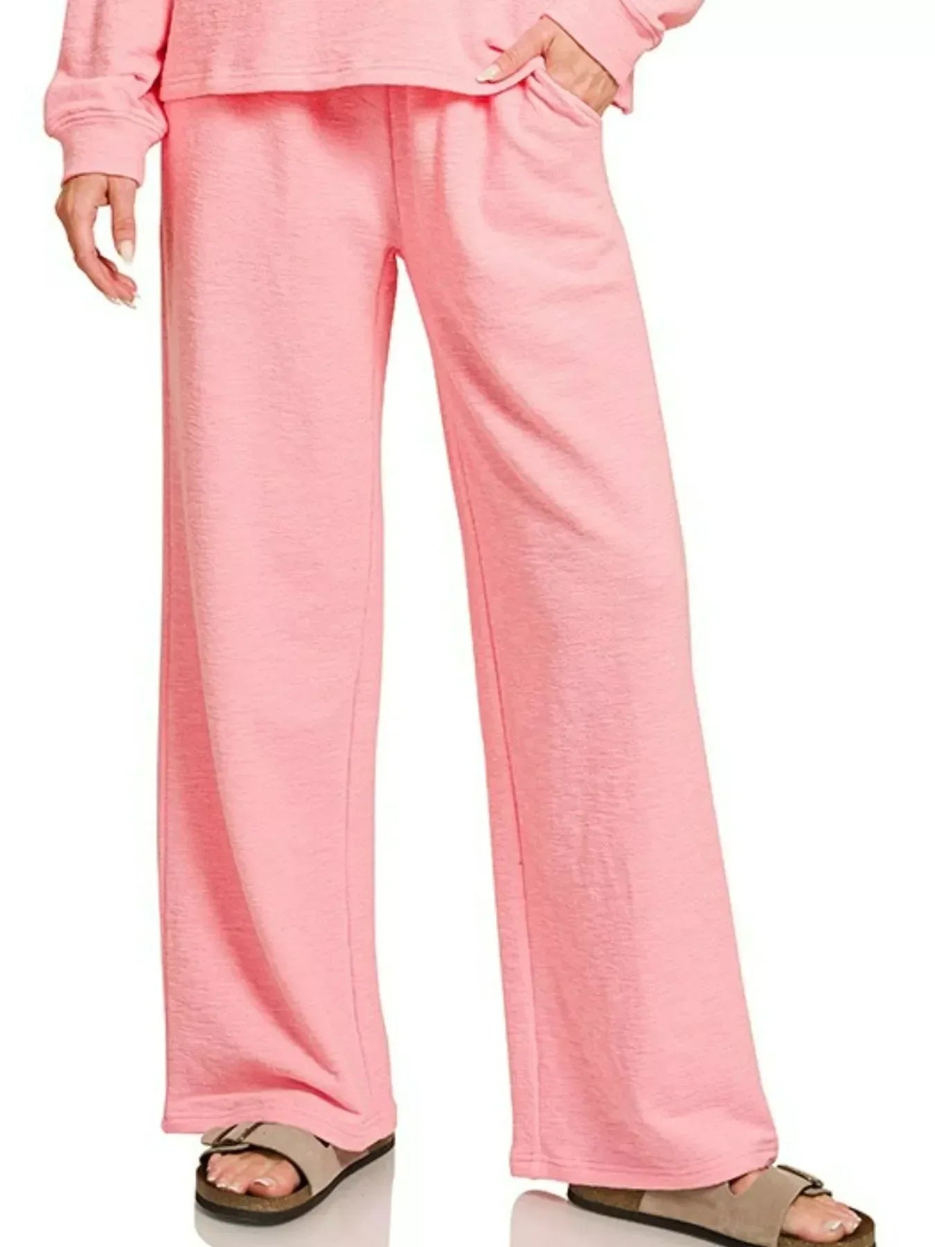 Zenana Slub Long Sleeve Top and Pants Lounge Set Pink - DAVERRI FASHIONS