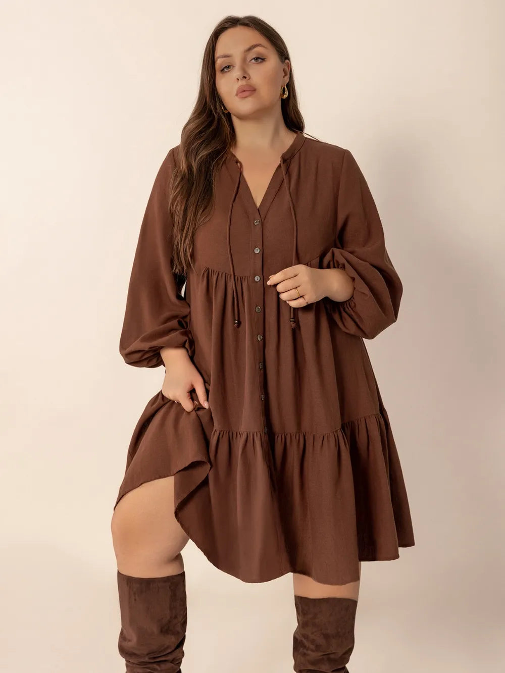 Plus Size Tie Neck Balloon Sleeve Tiered Dress | Daverri Fashions