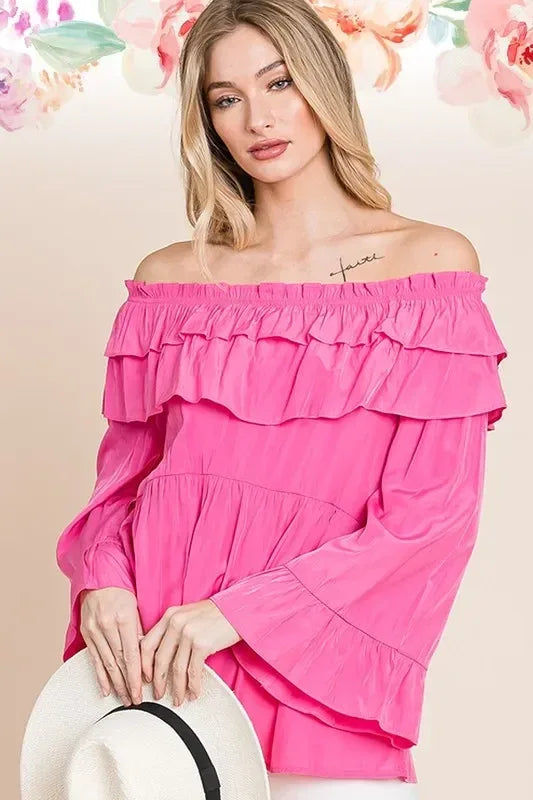 Lime 'N' Chili Ruffled Trumpet Sleeve Off-The-Shoulder Top - DAVERRI FASHIONS