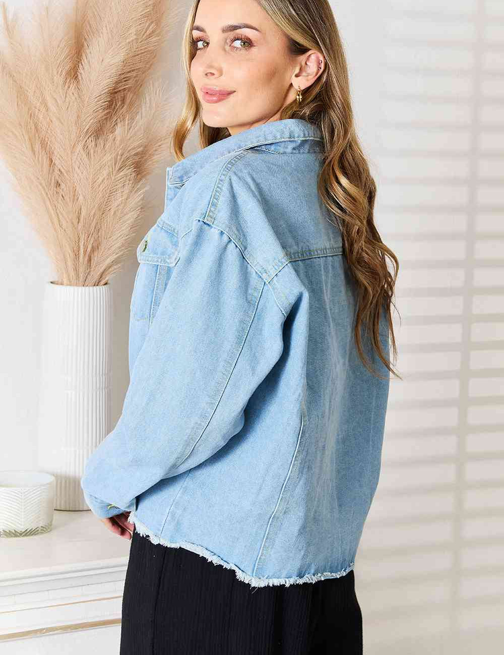 Double Take Dropped Shoulder Raw Hem Denim Jacket Jackets