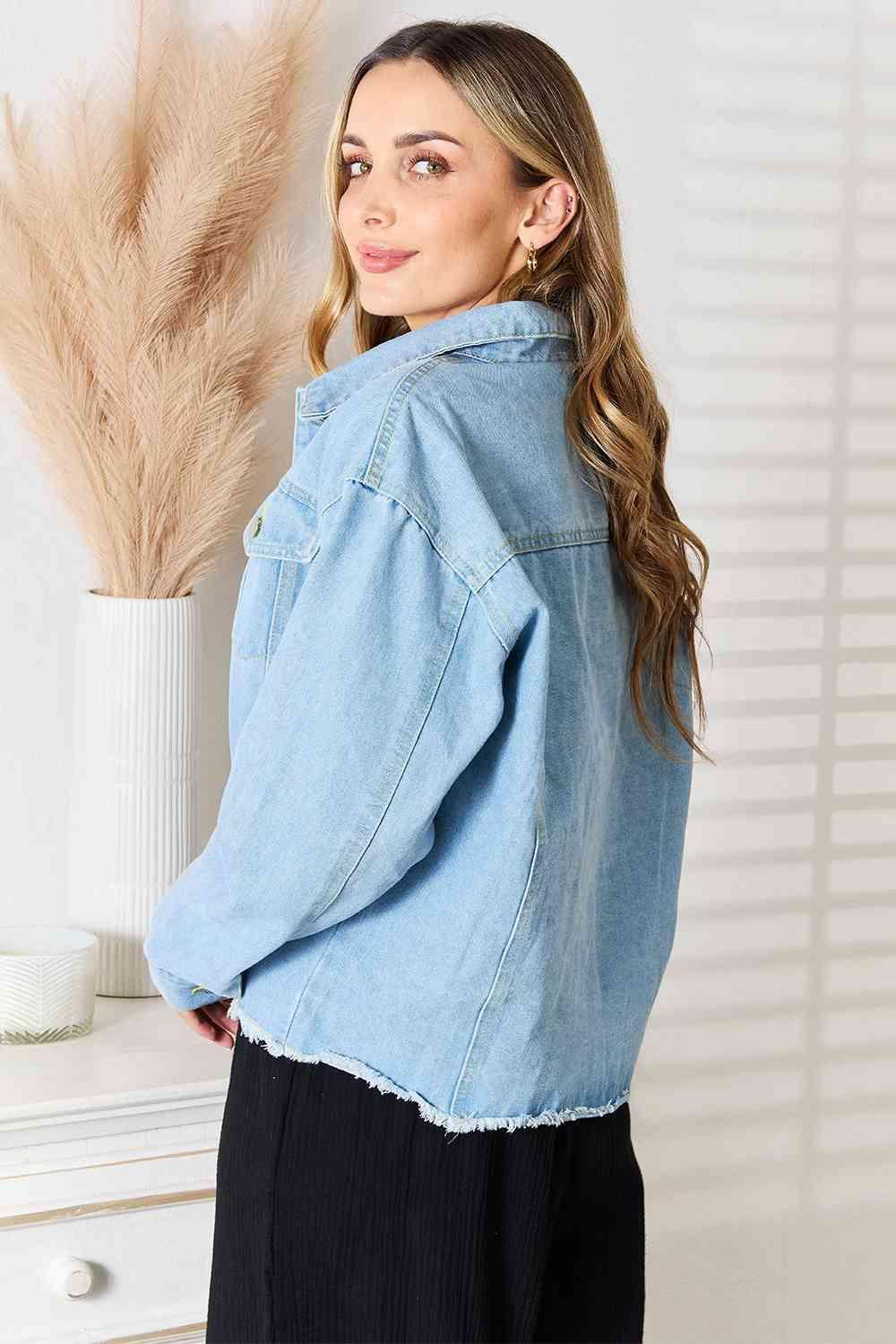 Double Take Dropped Shoulder Raw Hem Denim Jacket - DAVERRI FASHIONS