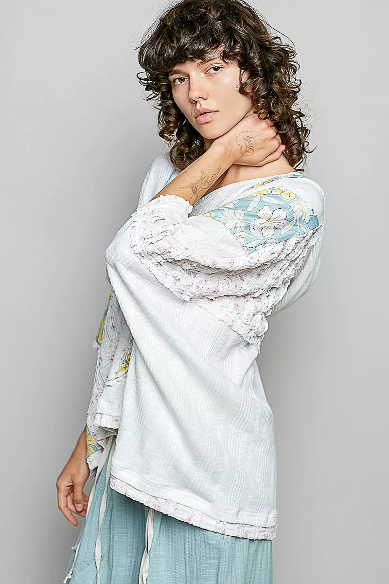 POL Floral Star Patch hooded blouse in light blue with floral shoulders and ruffled sleeves