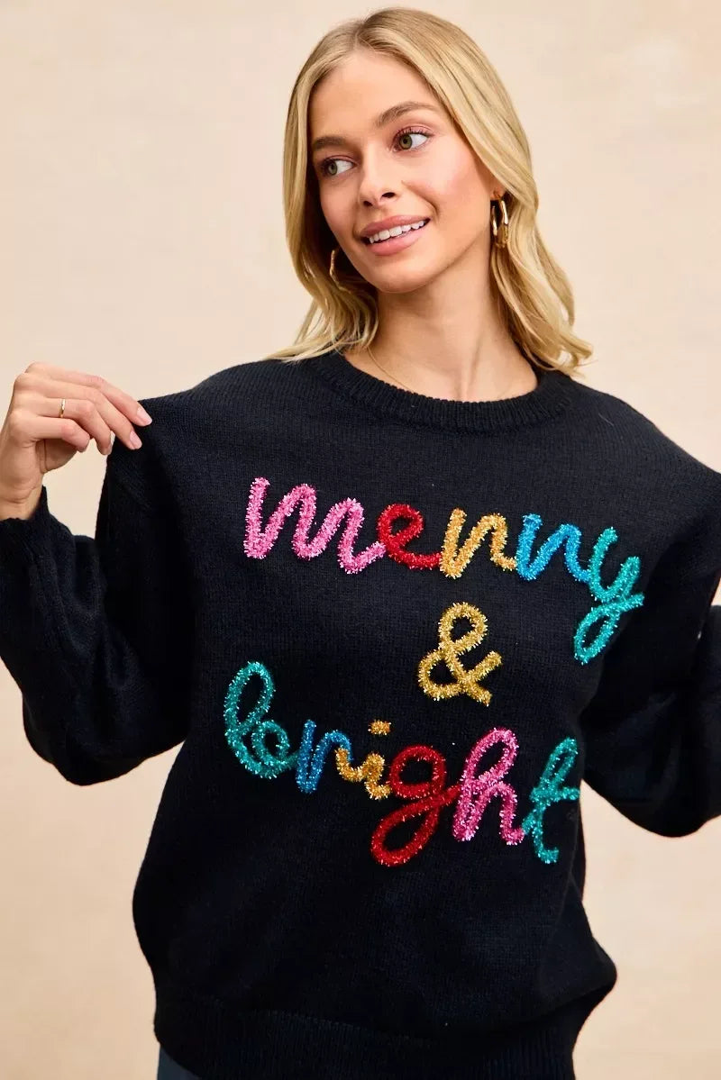 BiBi Tinsel Lettering Christmas Sweater - DAVERRI FASHIONS