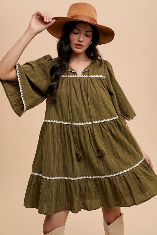 Annie Wear Tassel Tie Neck Half Sleeve Tiered Dress