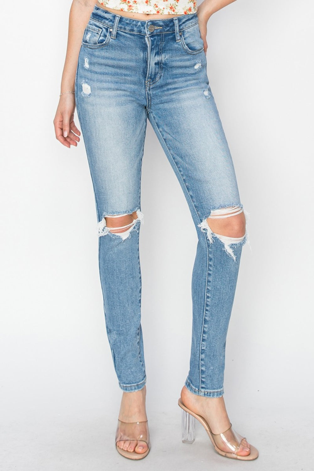 Risen Full Size High Rise Knee Distressed Skinny Jeans Jeans