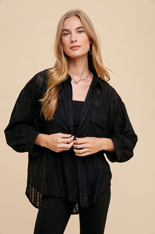 Annie Wear Openwork Button Down Drop Shoulder Shirt Tops