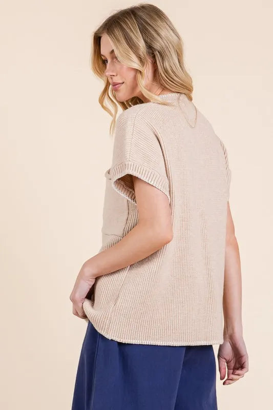 Lime 'N' Chili Solid Cap Sleeve Stitch Edge Knit Sweater Sweaters