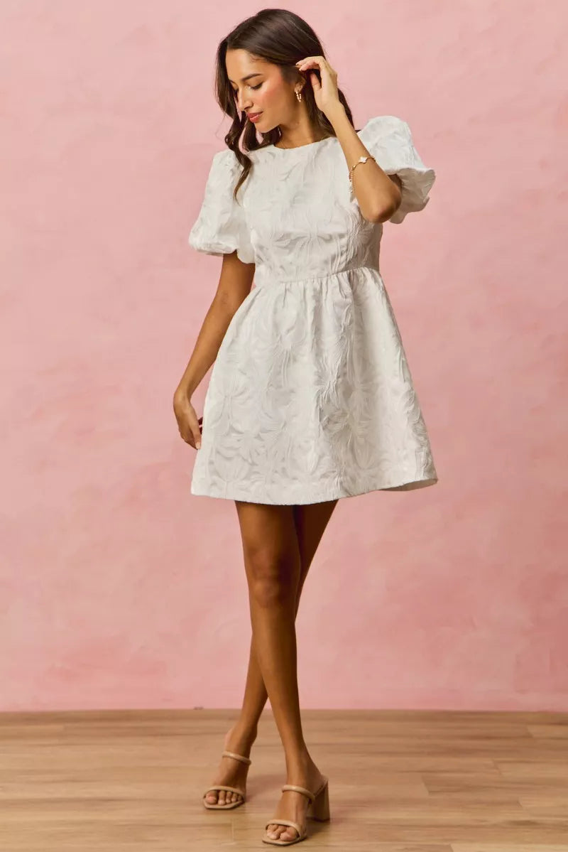 White SO ME floral jacquard mini dress with puffed sleeves and fitted waist