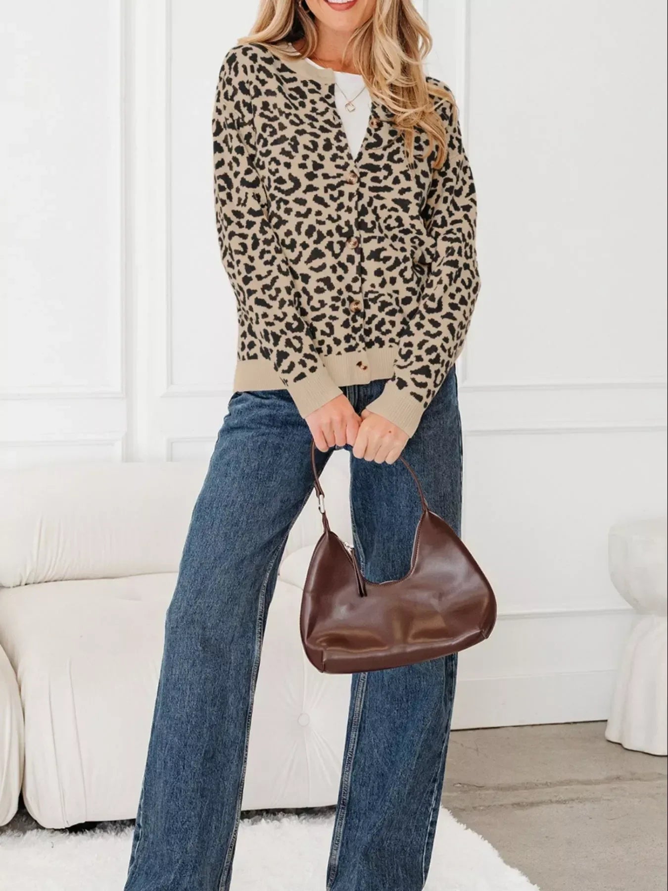 Leopard Drop Shoulder Chunky Knitted Cardigan - DAVERRI FASHIONS