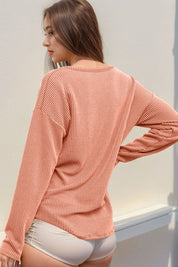Double Take Striped Notched Long Sleeve T-Shirt | T-Shirts Daverri Fashions