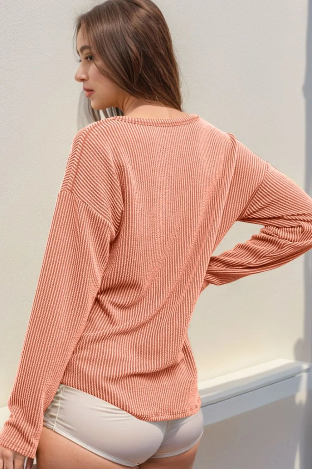 Double Take Striped Notched Long Sleeve T-Shirt | T-Shirts Daverri Fashions