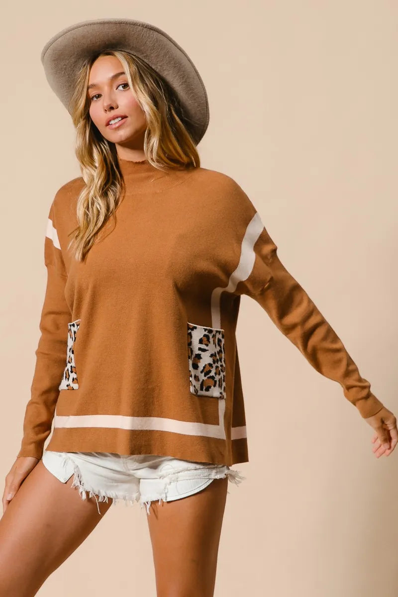 BiBi Mock Neck Sweater with Leopard Pocket Sweaters