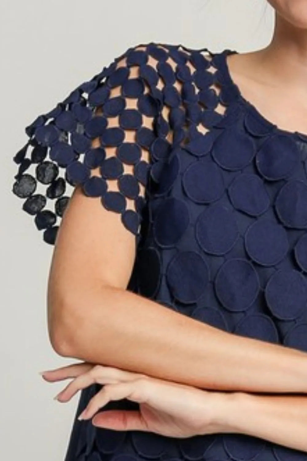 Umgee Full Size Mixed Polka Dot Lace Raglan Sleeve Boxy Cut Top Tops