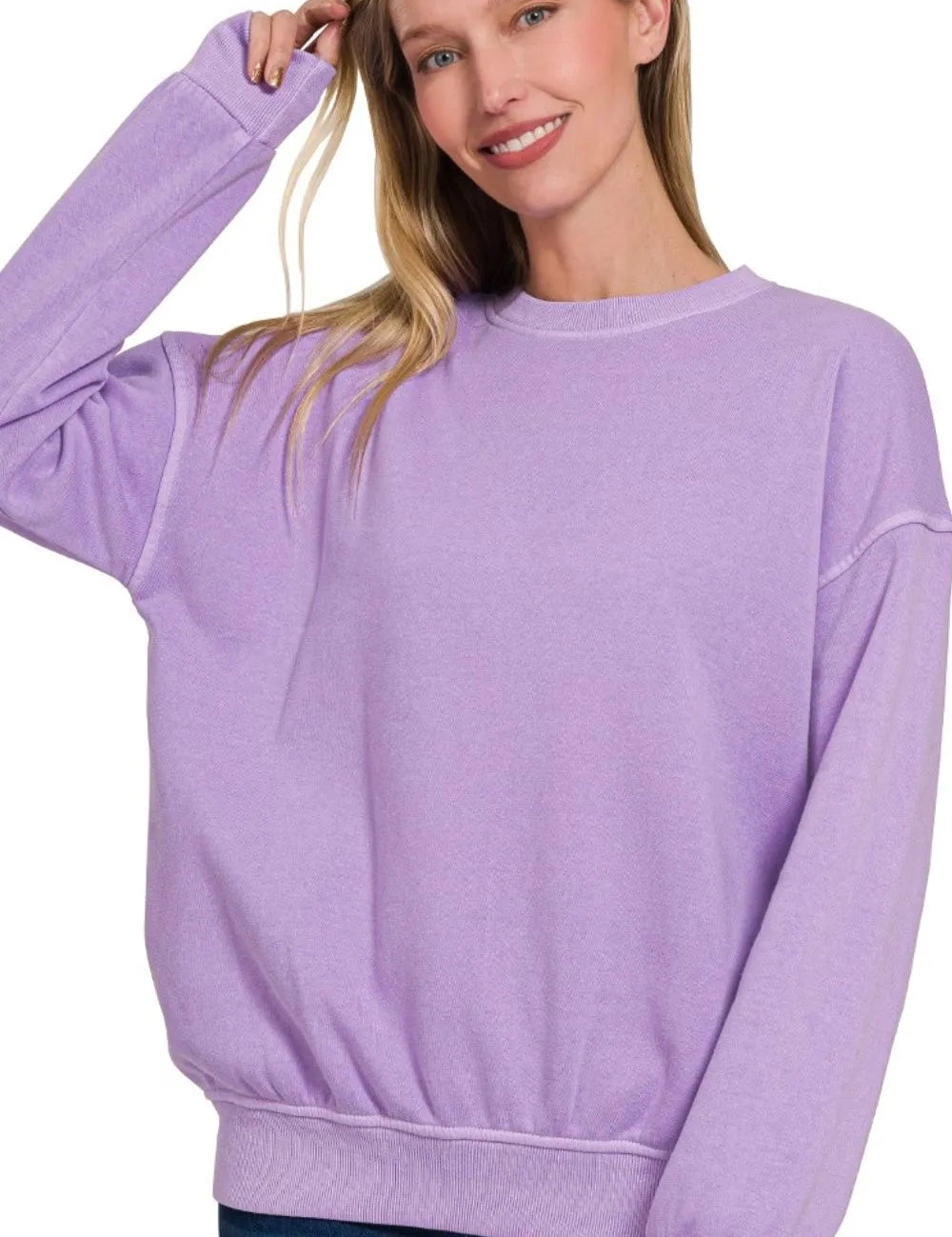 LAVENDER Zenana Soft Fleece Pigment Dye Round-neck Sweatshirts | Sweatshirts Daverri Fashions