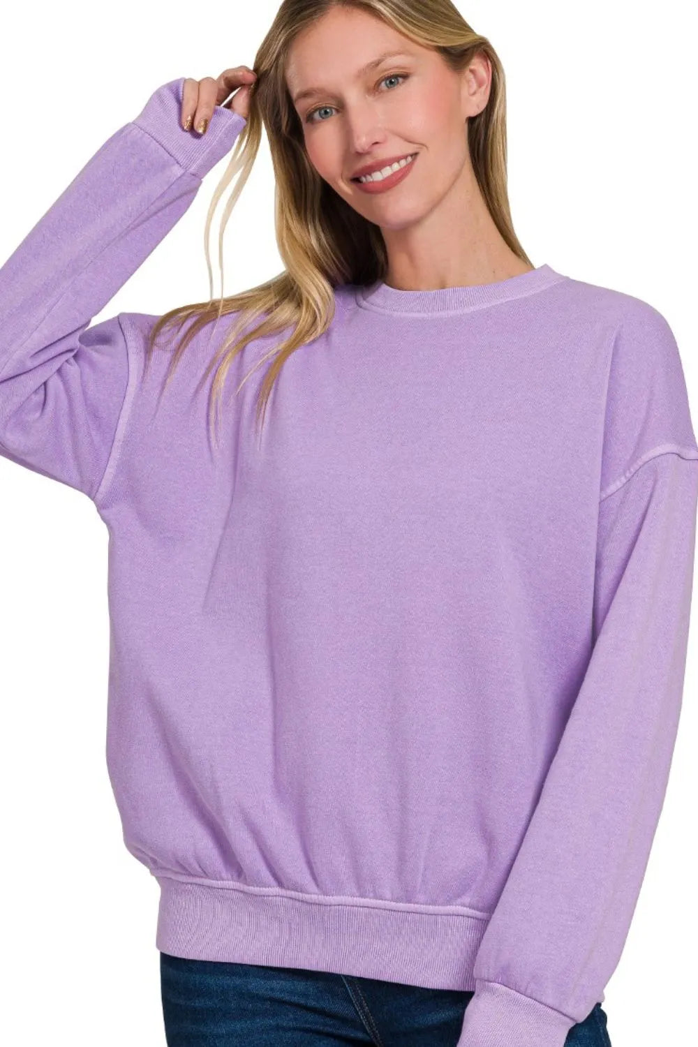 Zenana Soft Fleece Pigment Dye Round-neck Sweatshirts LAVENDER Sweatshirts