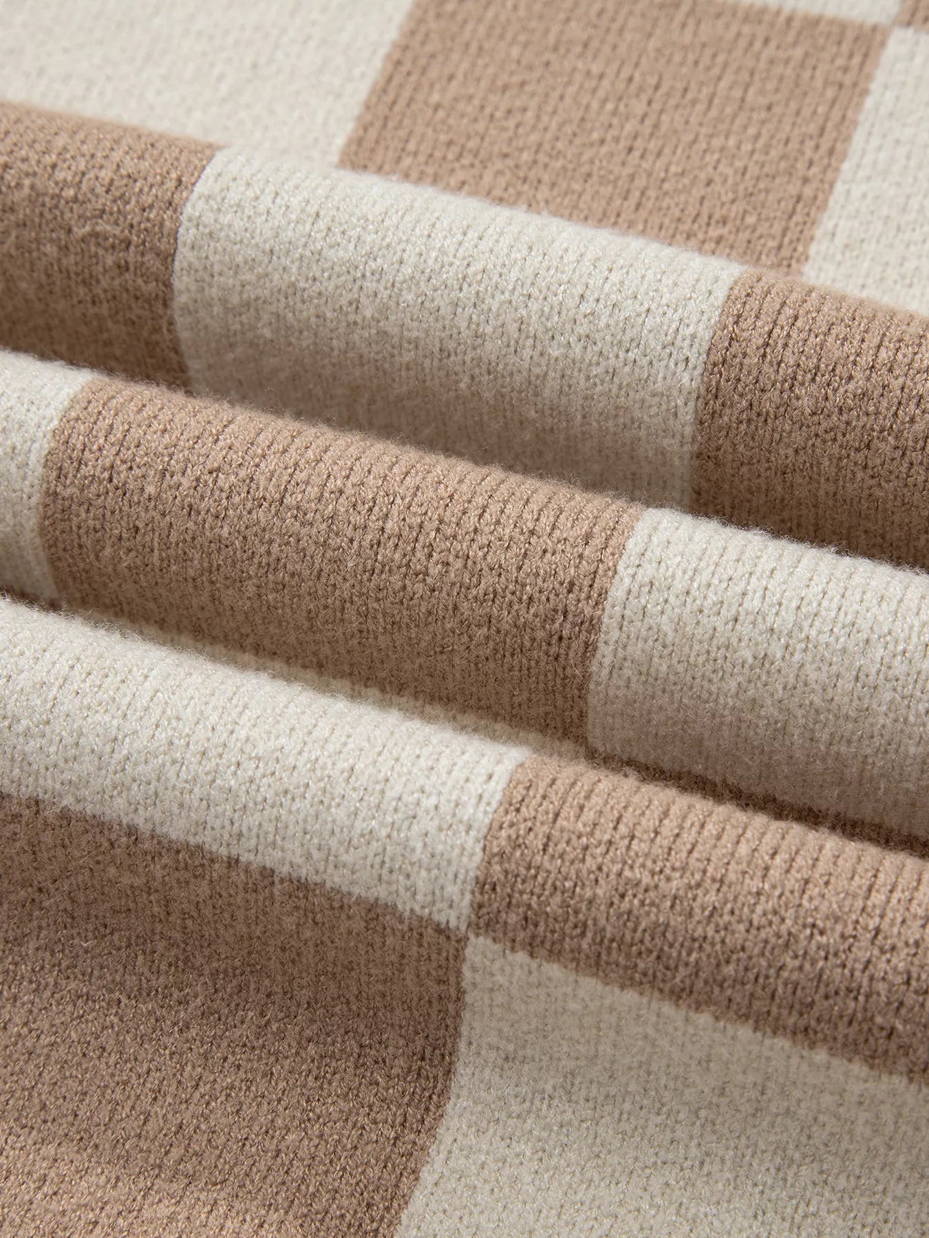 Beige and cream checkered ribbed trim knit baggy sweater fabric