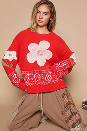 Red L POL Flower Lace Patch Long Sleeve Sweater | Sweaters Daverri Fashions