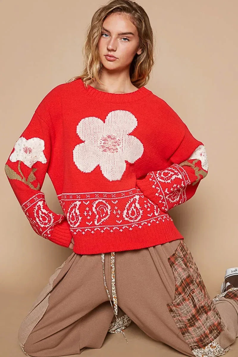 POL Flower Lace Patch Long Sleeve Sweater - DAVERRI FASHIONS