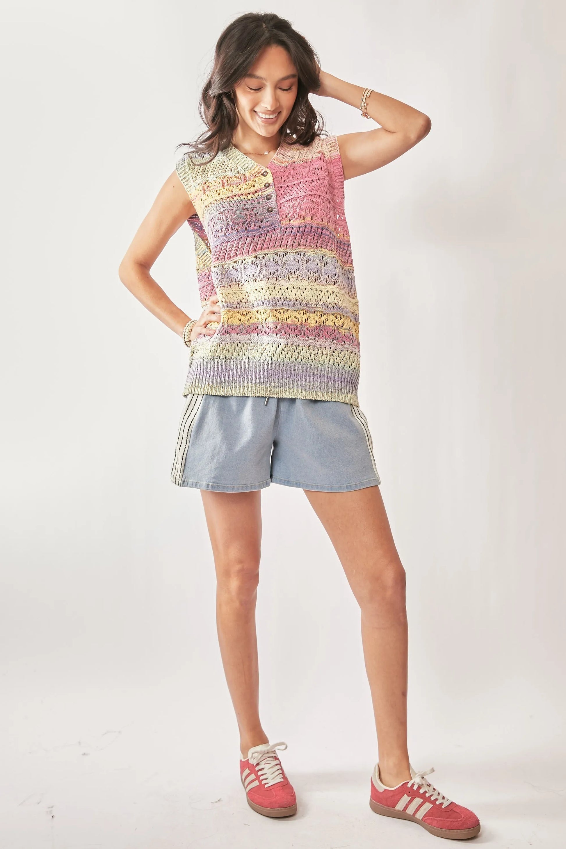 Davi & Dani pastel striped crochet sleeveless knit vest top