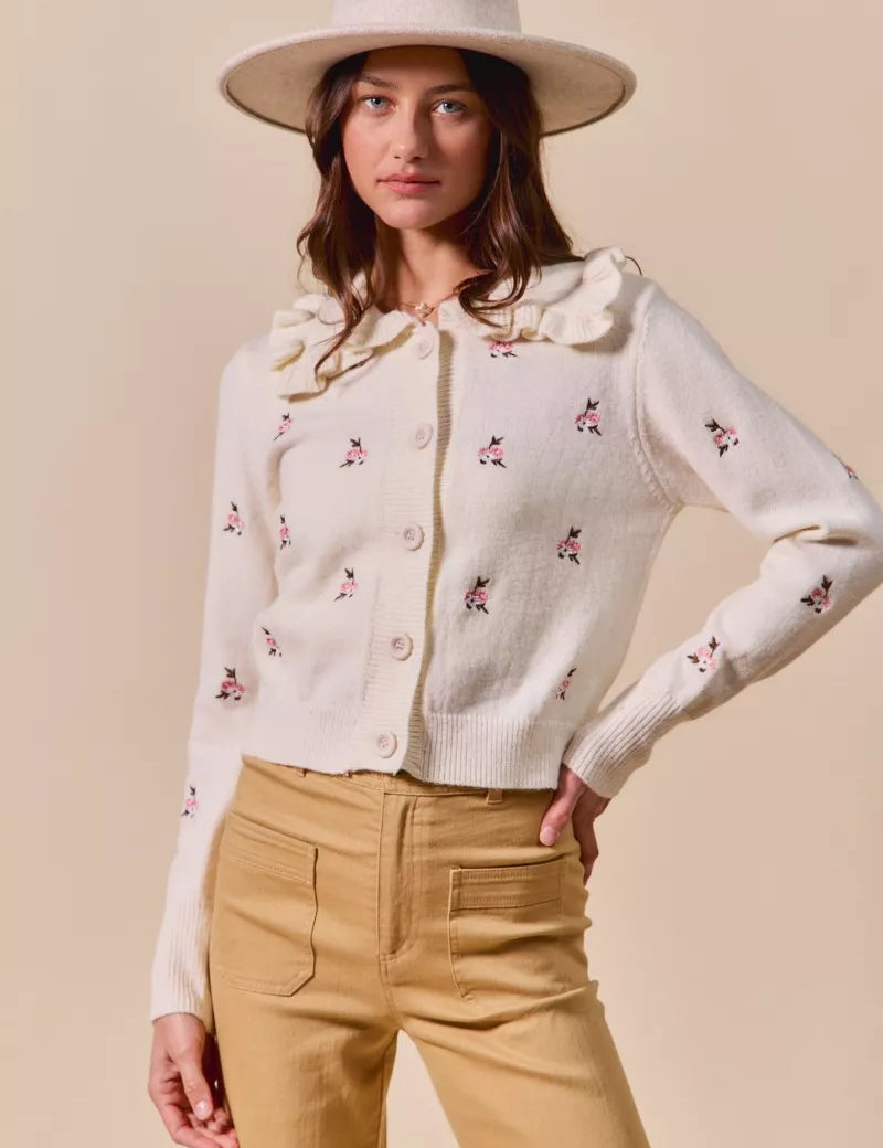 SO ME Collared Floral Embroidered Button Down Sweater Cardigan | Cardigans Daverri Fashions