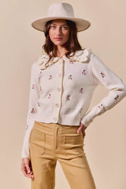 SO ME Collared Floral Embroidered Button Down Sweater Cardigan | Cardigans Daverri Fashions