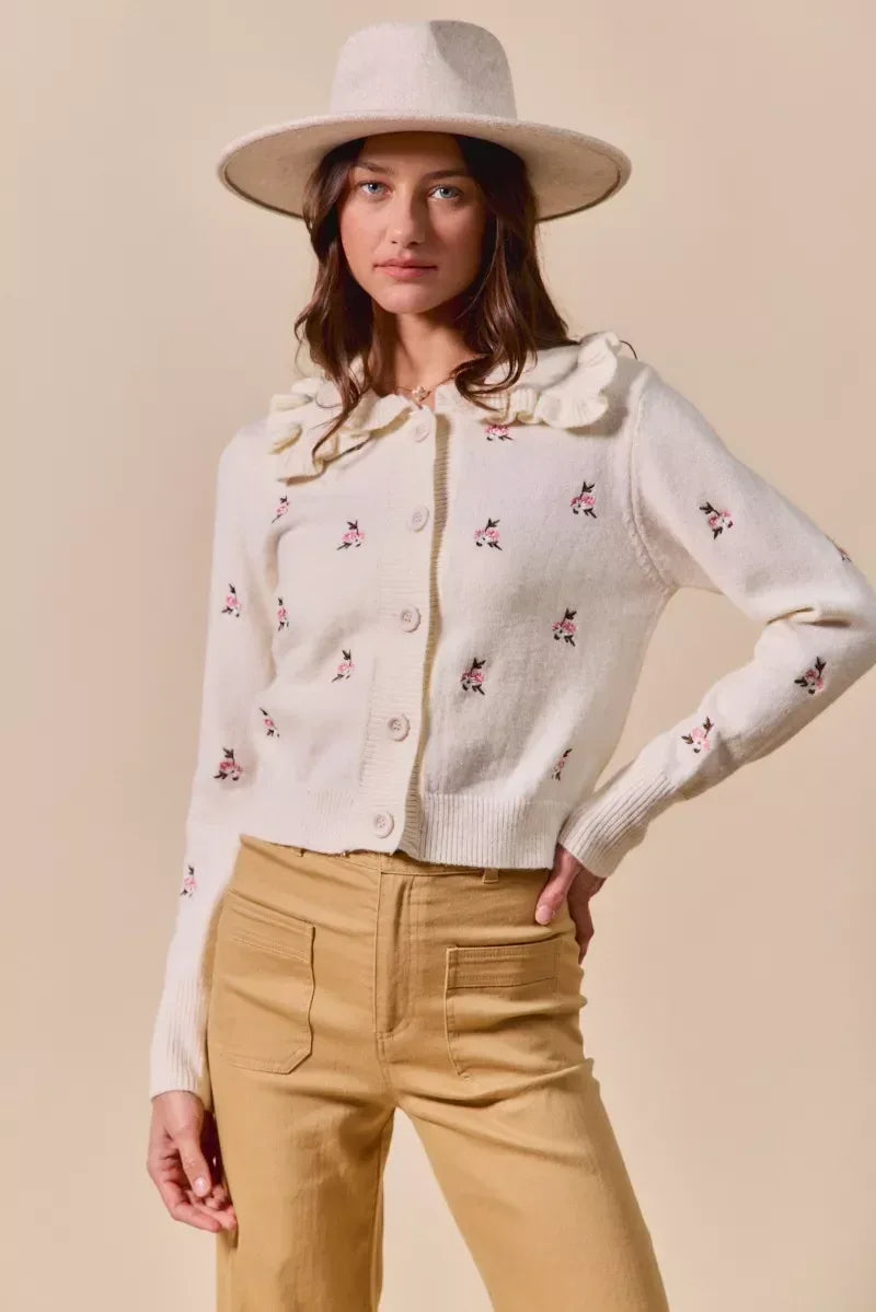 SO ME Collared Floral Embroidered Button Down Sweater Cardigan - DAVERRI FASHIONS