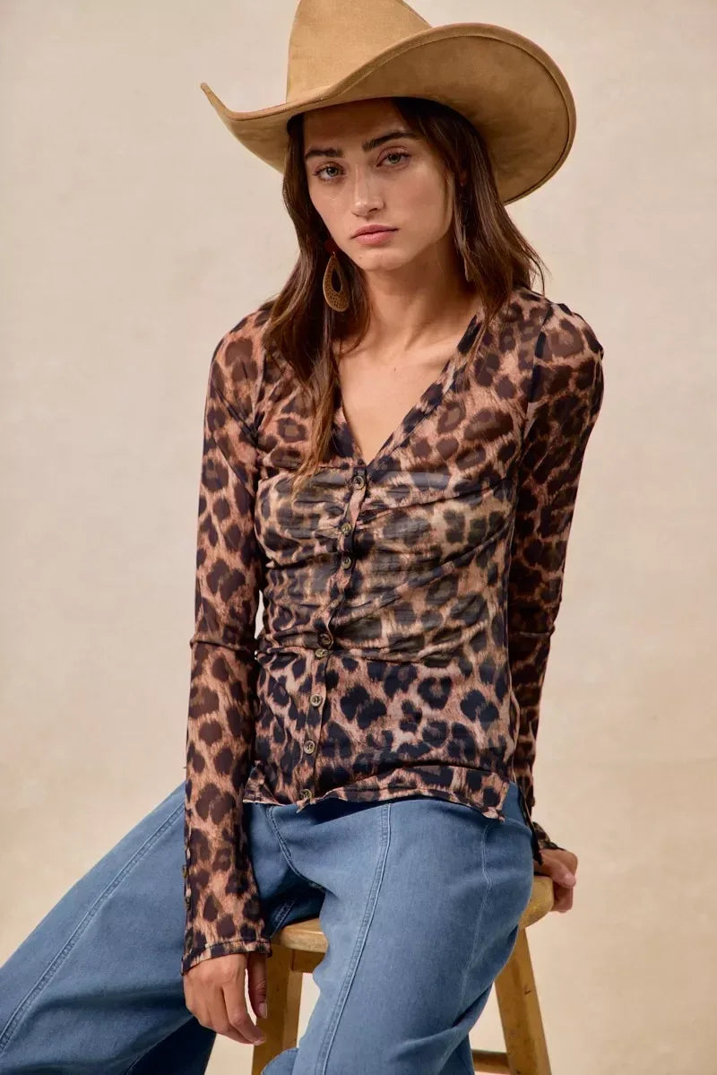 BiBi Leopard Printed Mesh Shirt With Button Up V Neck - DAVERRI FASHIONS