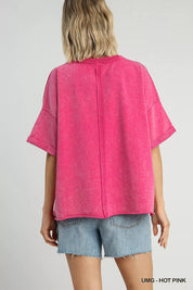 Umgee Mineral Wash Round Neck Top Hot Pink | Tops Daverri Fashions