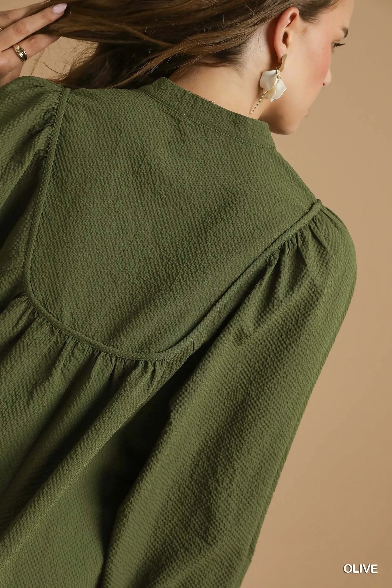 Umgee Textured Notched Blouse with Balloon Sleeves
