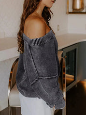 Off-the-shoulder washed cotton V-neck long sleeve sweater in dark gray