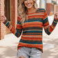 Cozy Keep Me Guessing teal herringbone long-sleeve sweater with orange, teal, brown stripes