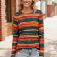 Cozy Keep Me Guessing teal herringbone long-sleeve sweater with orange, teal, brown stripes