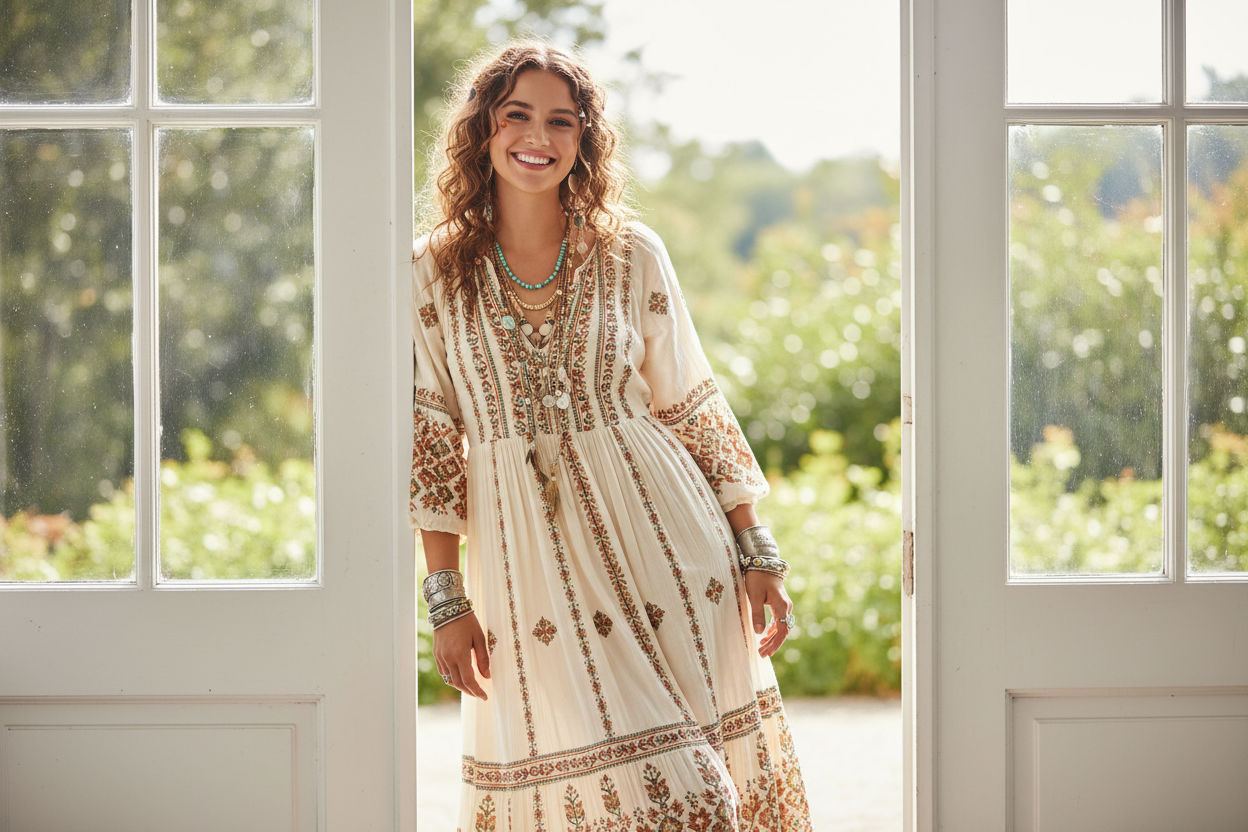  A LIFESTYLE MAGE OF A YOUNG SMILING WOMAN WEARING A BOHO DRESS WITH BOHO JEWELRY, MODEL IS LEANING AGAINST A WHITE SUNLIT DOORWAY