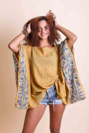 Geometric Embroidered Sleeve Kimono Mustard OS Shirts & Tops